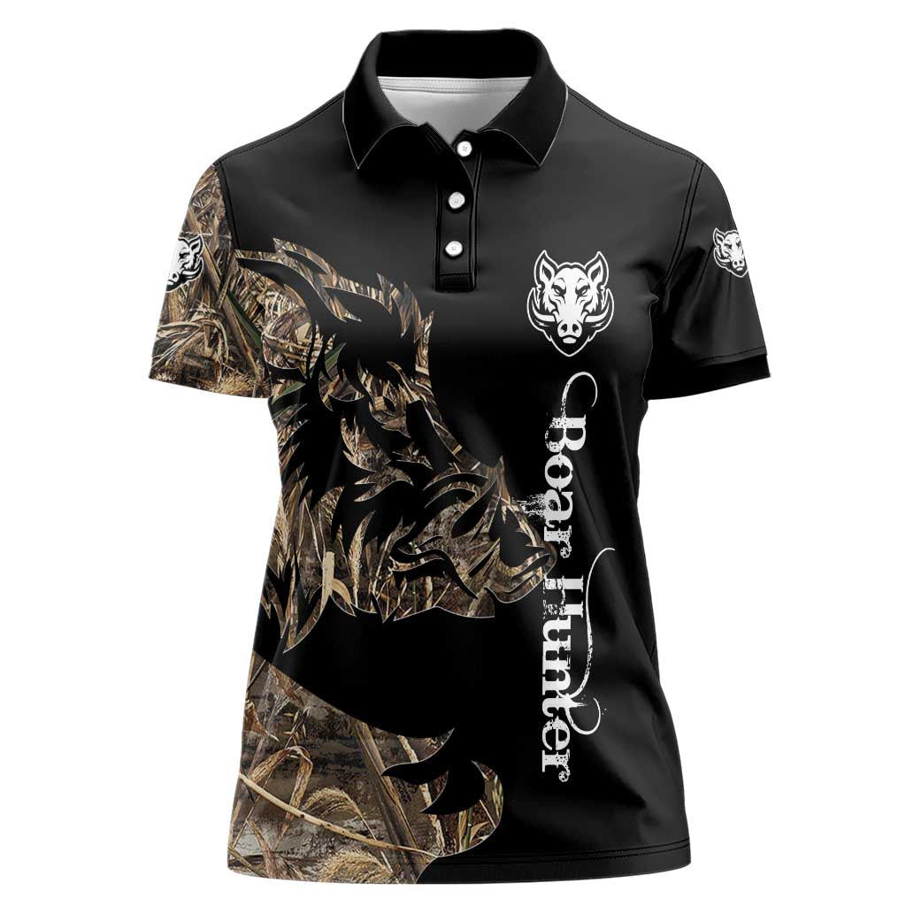Personalized Boar Hunting Camouflage Women Polo Shirt Wild Hog Silhouette and Black Tactical Camo - Wonder Print Shop