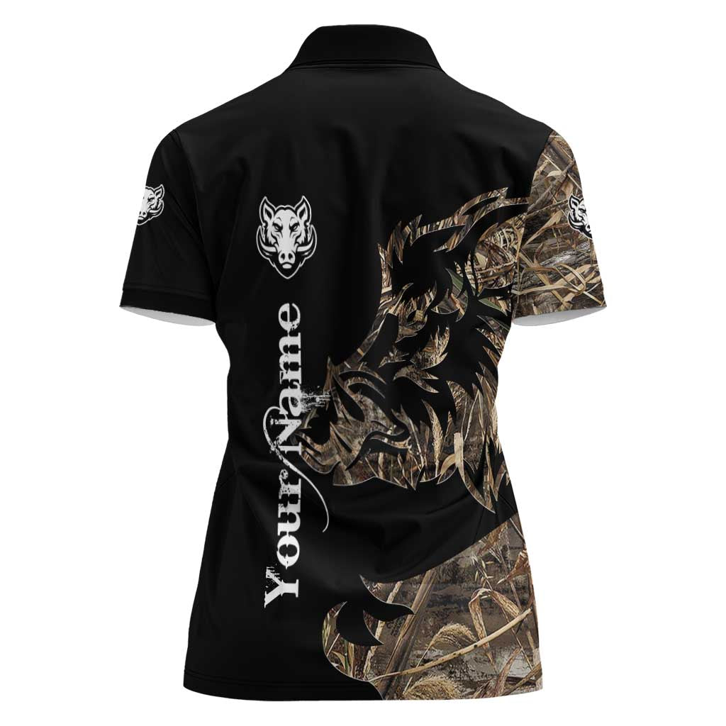 Personalized Boar Hunting Camouflage Women Polo Shirt Wild Hog Silhouette and Black Tactical Camo - Wonder Print Shop