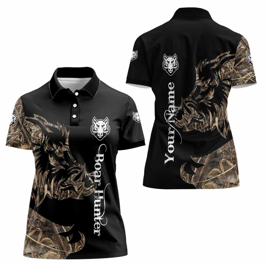 Personalized Boar Hunting Camouflage Women Polo Shirt Wild Hog Silhouette and Black Tactical Camo - Wonder Print Shop