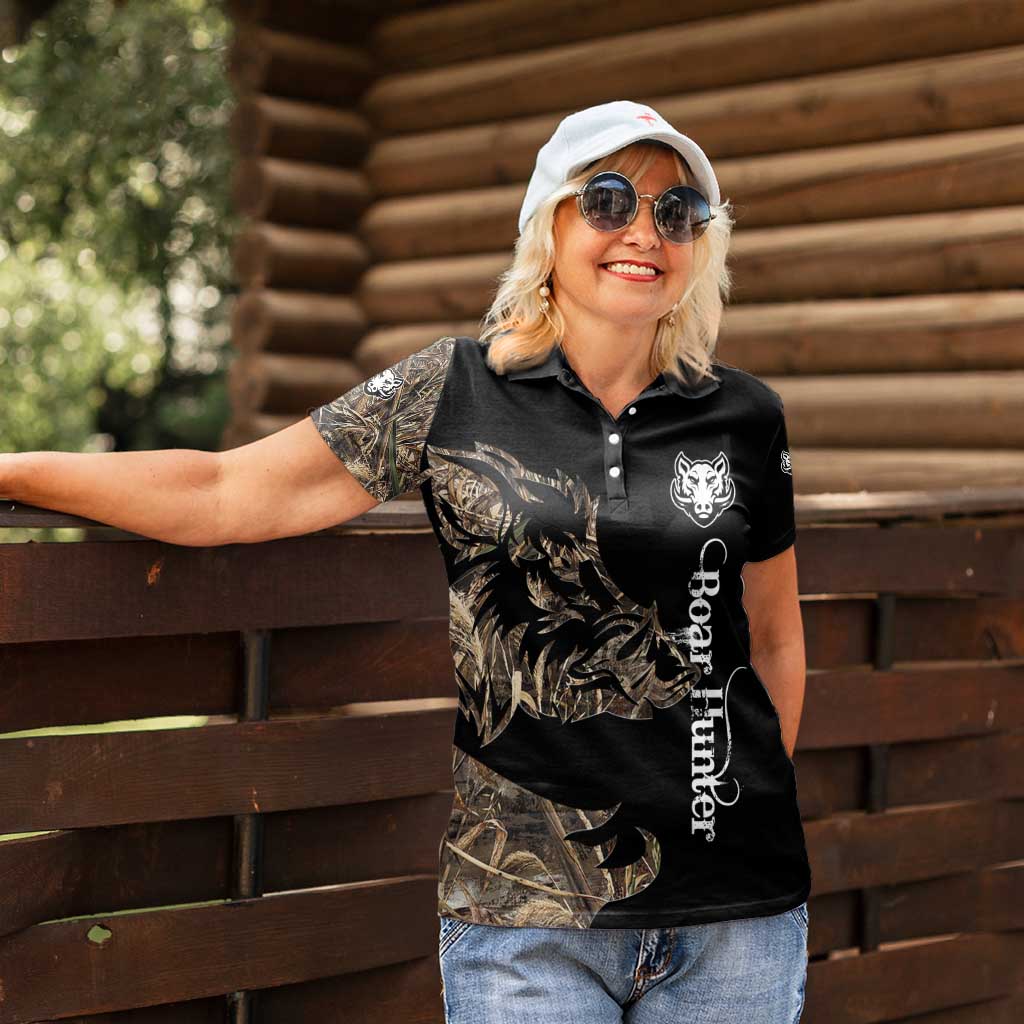 Personalized Boar Hunting Camouflage Women Polo Shirt Wild Hog Silhouette and Black Tactical Camo - Wonder Print Shop