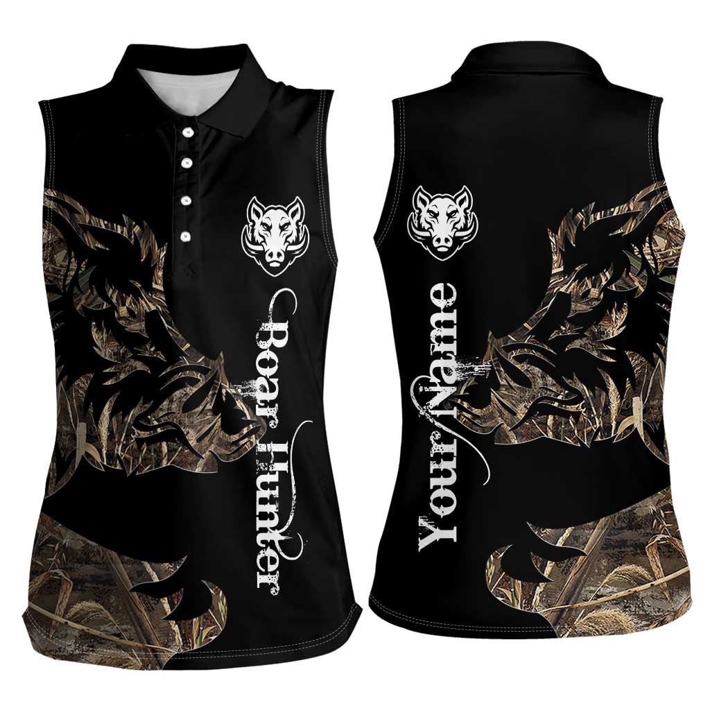 Personalized Boar Hunting Camouflage Women Sleeveless Polo Shirt Wild Hog Silhouette and Black Tactical Camo - Wonder Print Shop