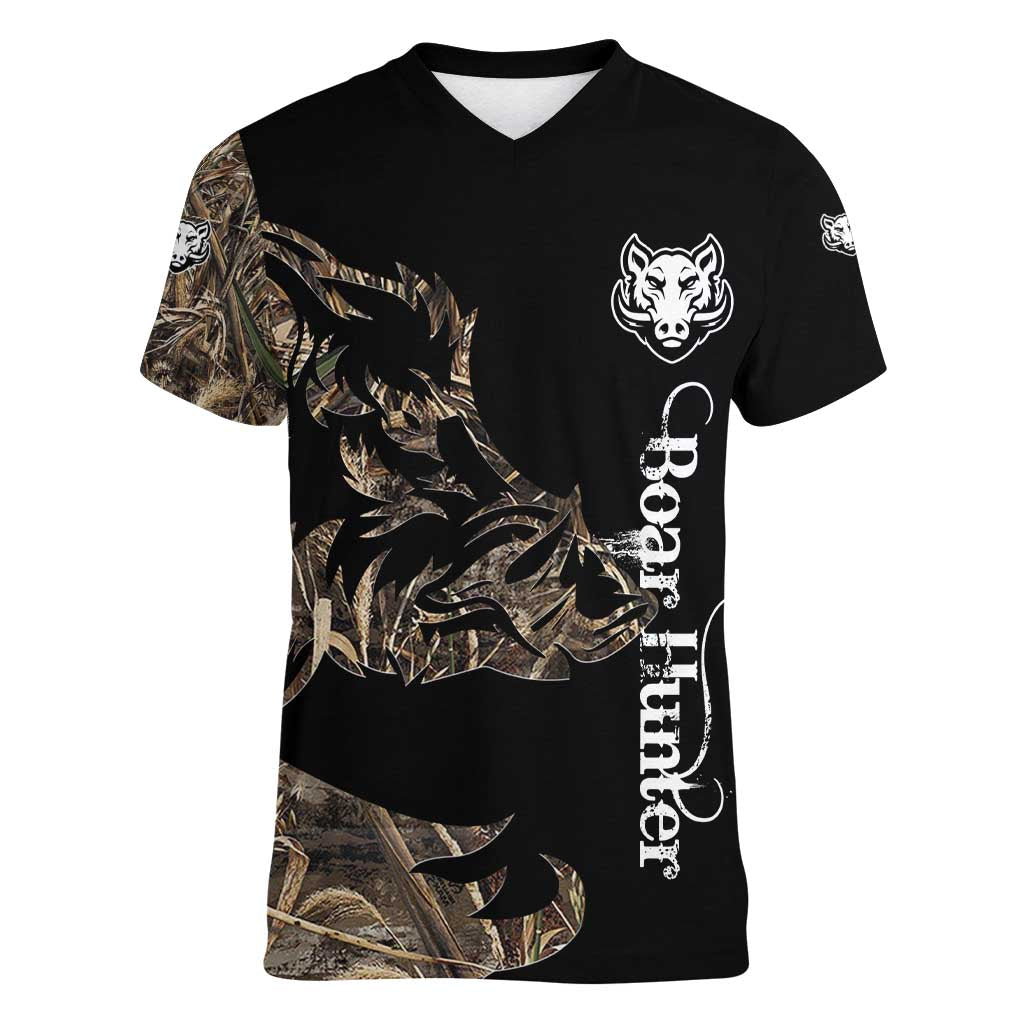 Personalized Boar Hunting Camouflage Women V-Neck T-Shirt Wild Hog Silhouette and Black Tactical Camo - Wonder Print Shop