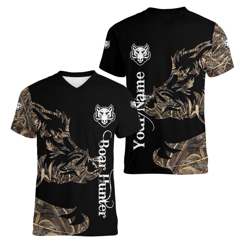 Personalized Boar Hunting Camouflage Women V-Neck T-Shirt Wild Hog Silhouette and Black Tactical Camo - Wonder Print Shop