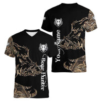 Personalized Boar Hunting Camouflage Women V-Neck T-Shirt Wild Hog Silhouette and Black Tactical Camo - Wonder Print Shop
