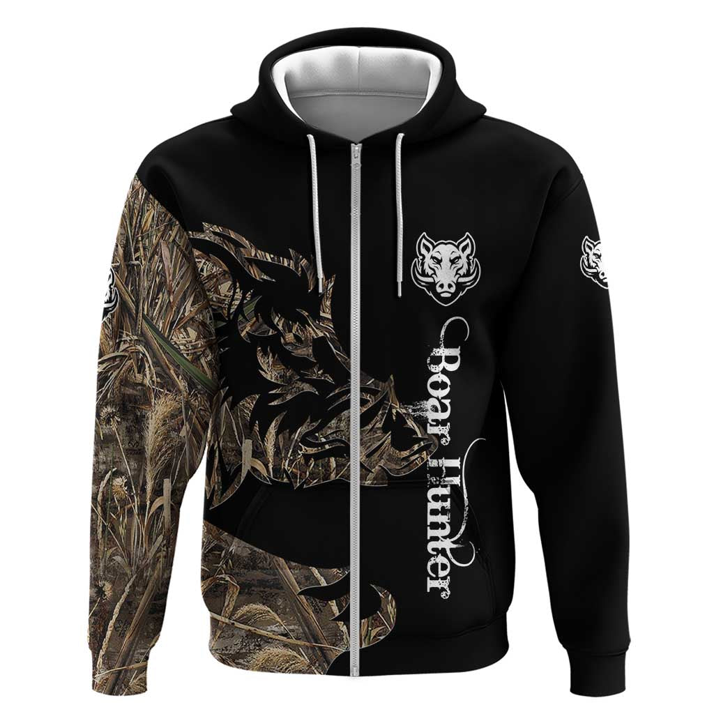 Personalized Boar Hunting Camouflage Zip Hoodie Wild Hog Silhouette and Black Tactical Camo - Wonder Print Shop