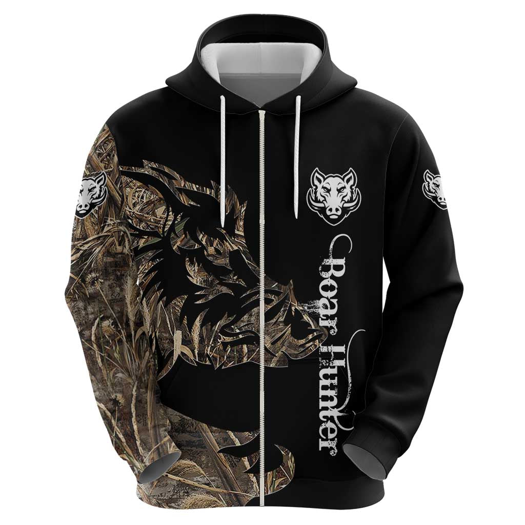 Personalized Boar Hunting Camouflage Zip Hoodie Wild Hog Silhouette and Black Tactical Camo - Wonder Print Shop