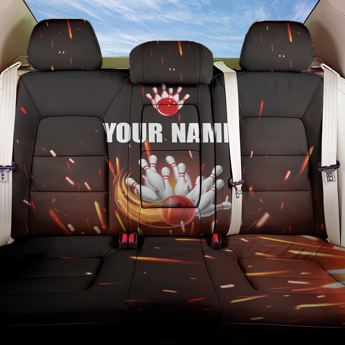 Personalized Bowling Ball and Pins Back Car Seat Cover Fiery Motion Trail and Spark Effect Design - Wonder Print Shop