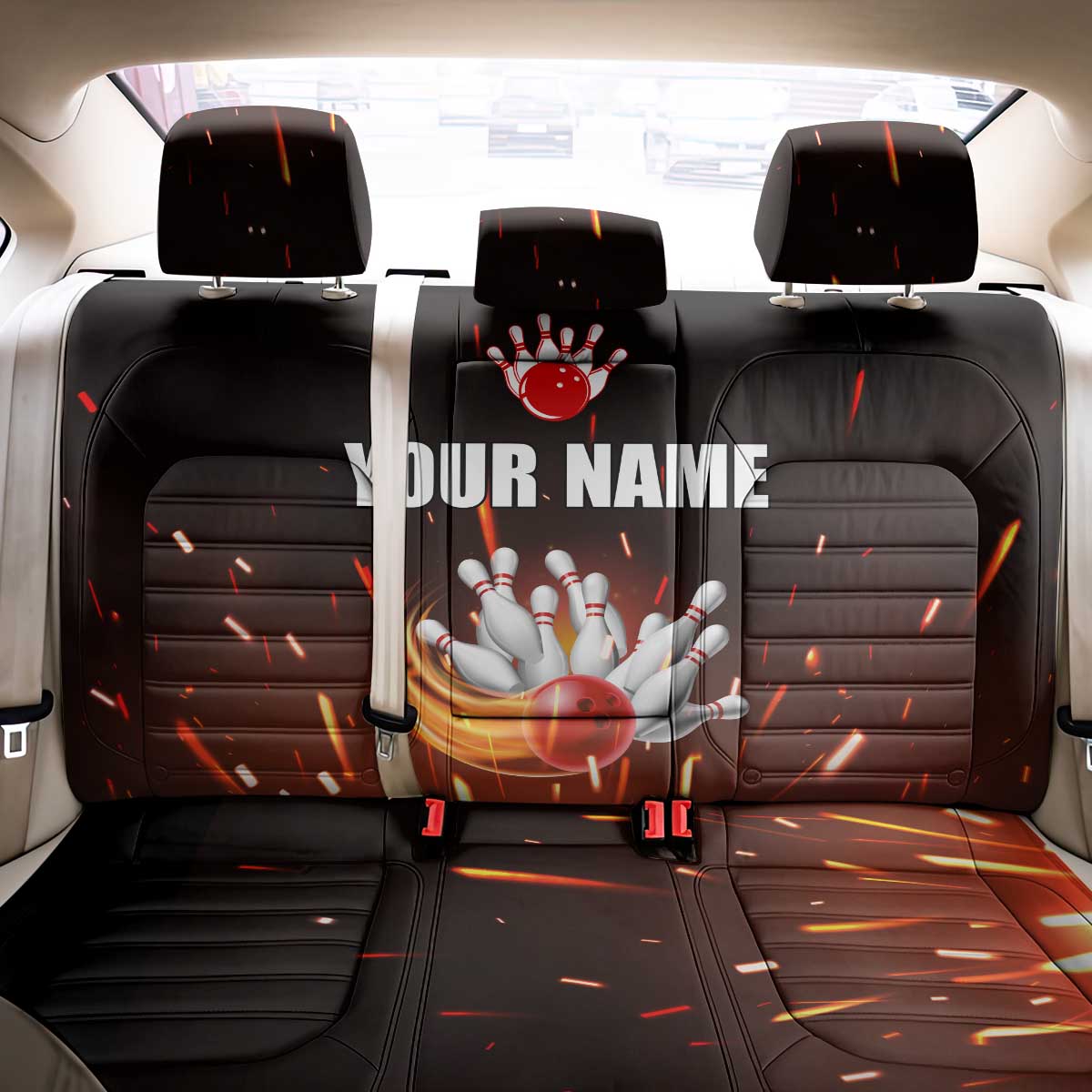 Personalized Bowling Ball and Pins Back Car Seat Cover Fiery Motion Trail and Spark Effect Design - Wonder Print Shop