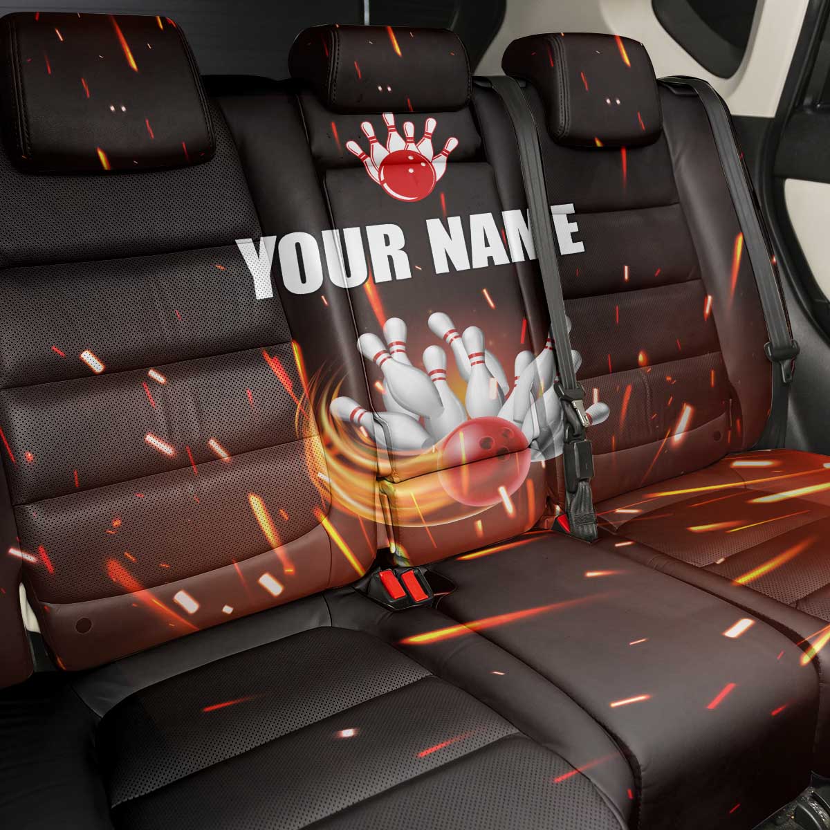 Personalized Bowling Ball and Pins Back Car Seat Cover Fiery Motion Trail and Spark Effect Design - Wonder Print Shop