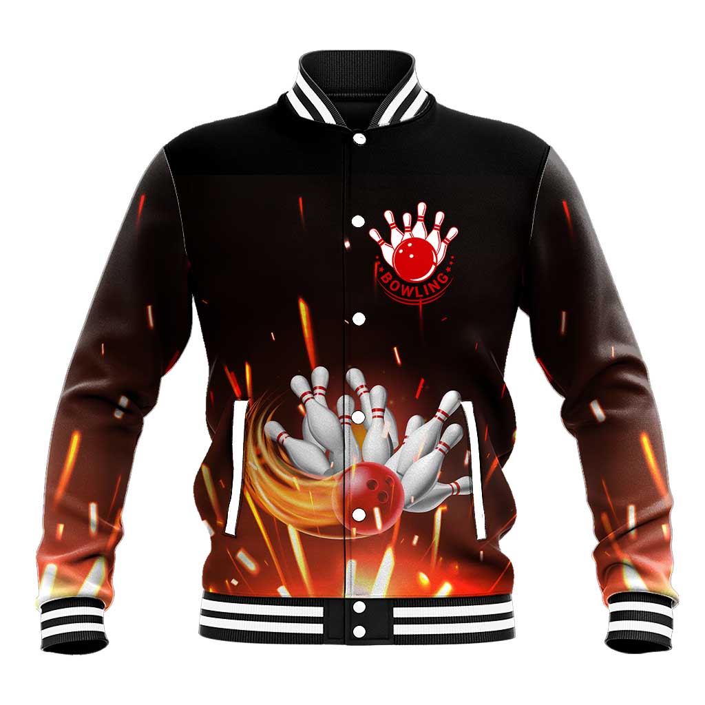 Personalized Bowling Ball and Pins Baseball Jacket Fiery Motion Trail and Spark Effect Design - Wonder Print Shop