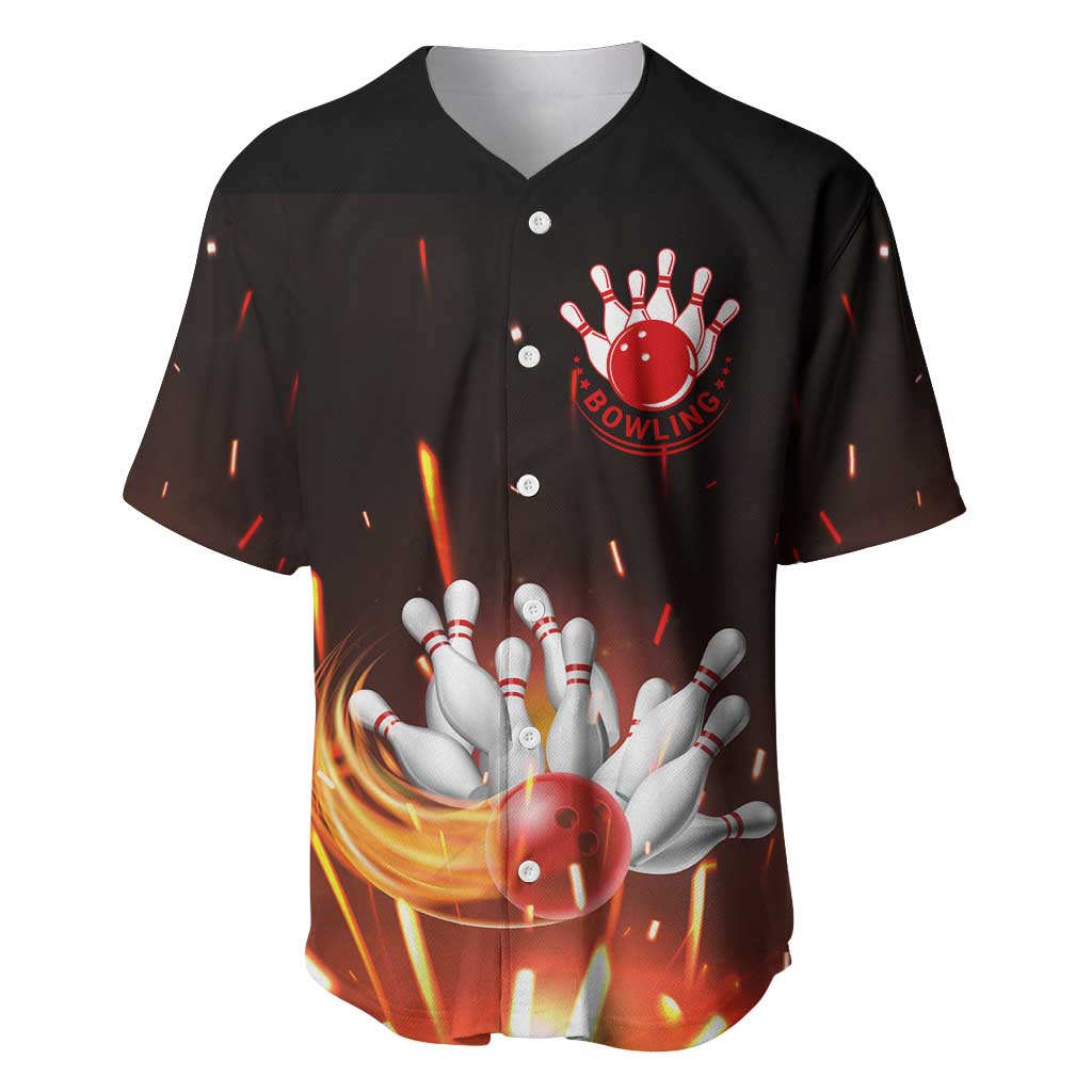 Personalized Bowling Ball and Pins Baseball Jersey Fiery Motion Trail and Spark Effect Design - Wonder Print Shop