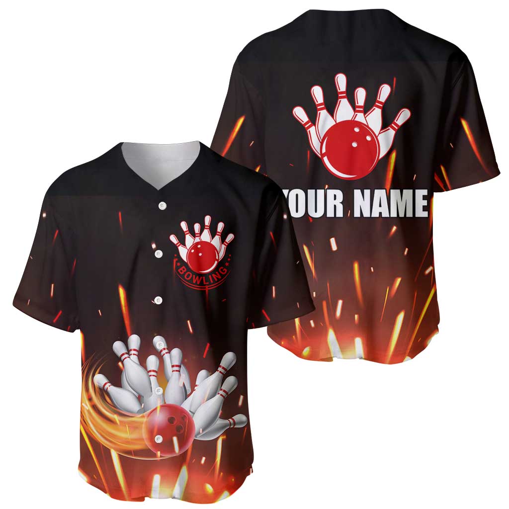 Personalized Bowling Ball and Pins Baseball Jersey Fiery Motion Trail and Spark Effect Design - Wonder Print Shop