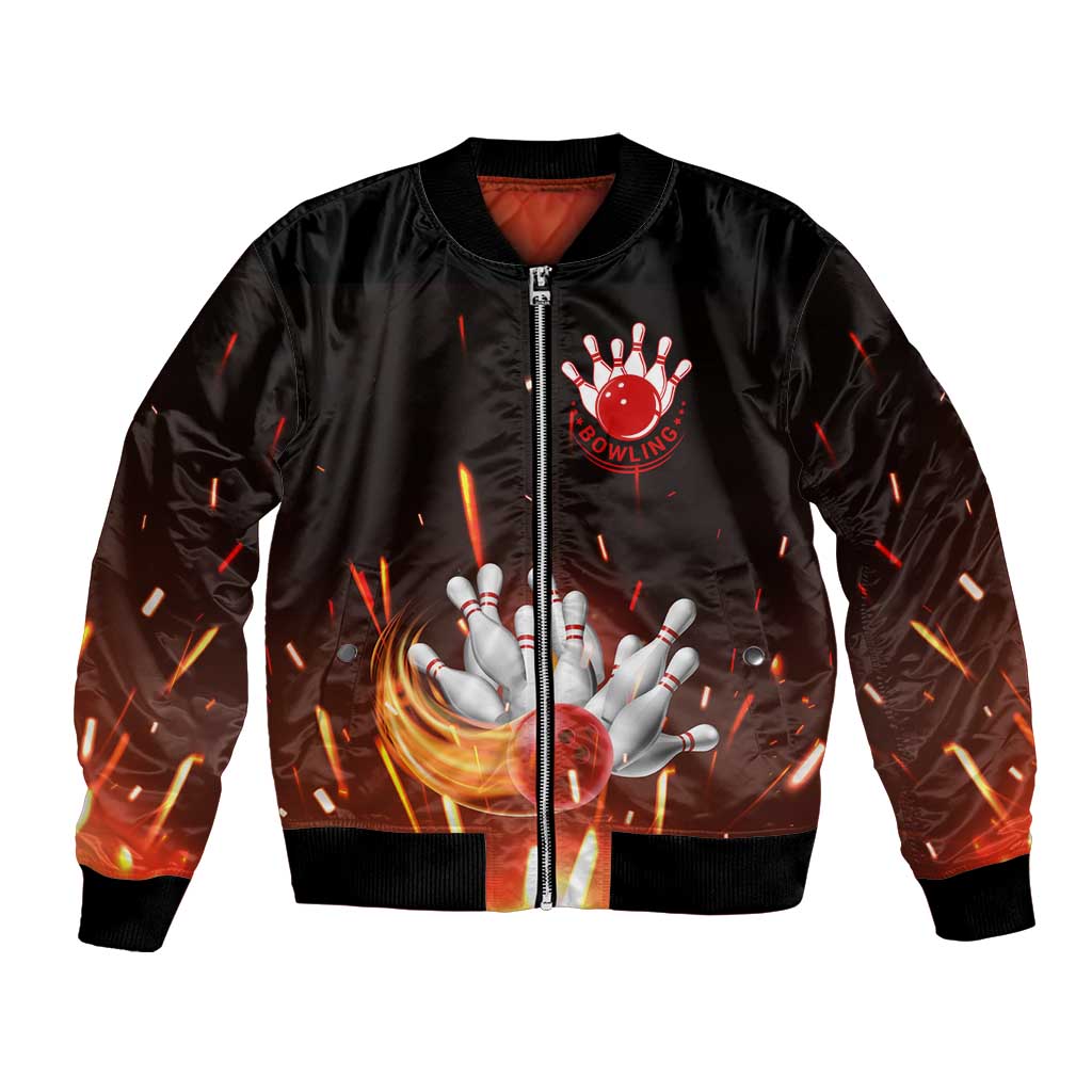 Personalized Bowling Ball and Pins Bomber Jacket Fiery Motion Trail and Spark Effect Design - Wonder Print Shop