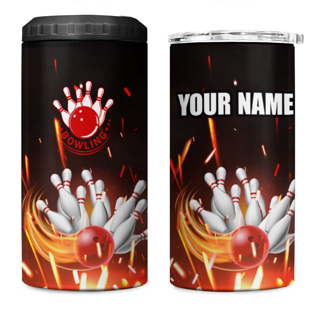 Personalized Bowling Ball and Pins 4 in 1 Can Cooler Tumbler Fiery Motion Trail and Spark Effect Design - Wonder Print Shop