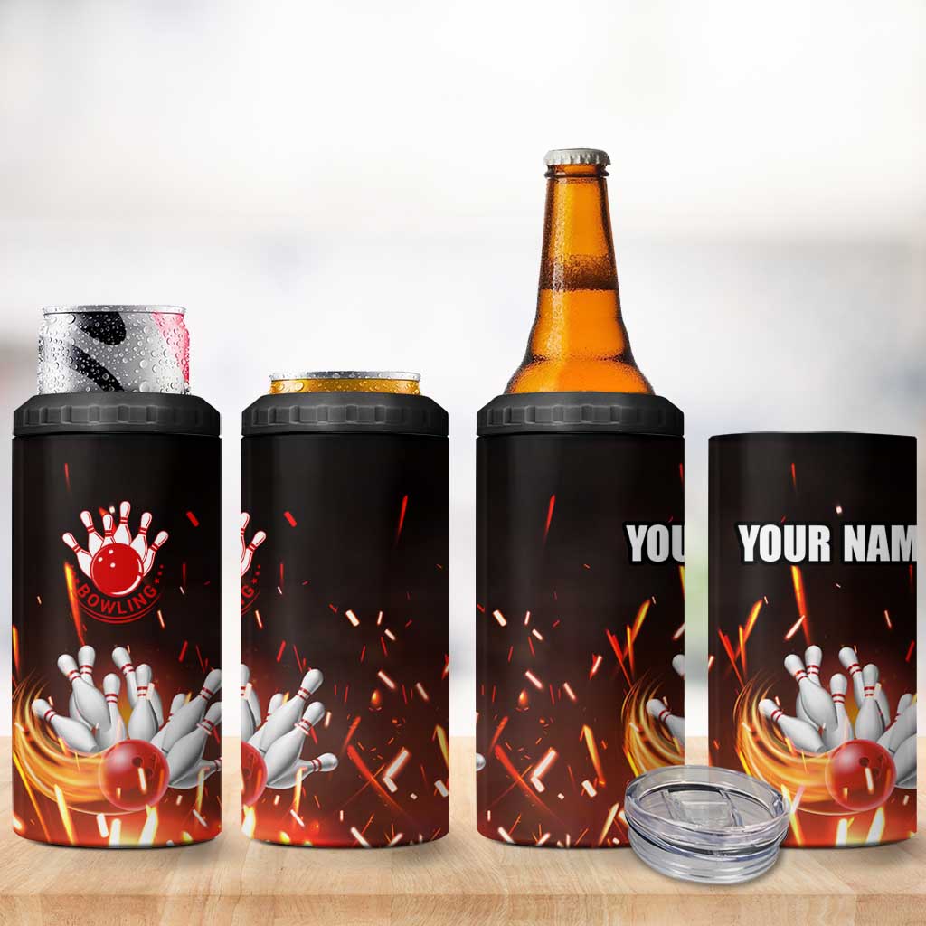 Personalized Bowling Ball and Pins 4 in 1 Can Cooler Tumbler Fiery Motion Trail and Spark Effect Design - Wonder Print Shop