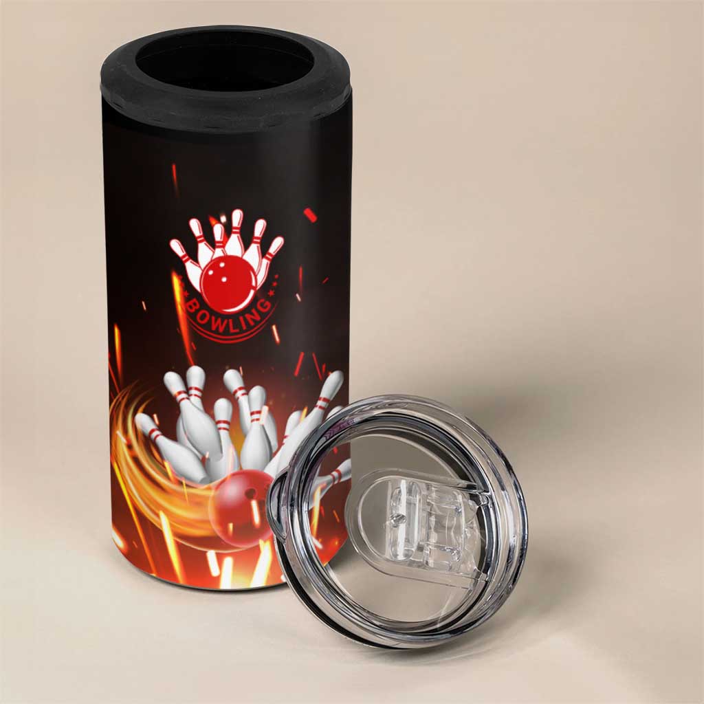 Personalized Bowling Ball and Pins 4 in 1 Can Cooler Tumbler Fiery Motion Trail and Spark Effect Design - Wonder Print Shop