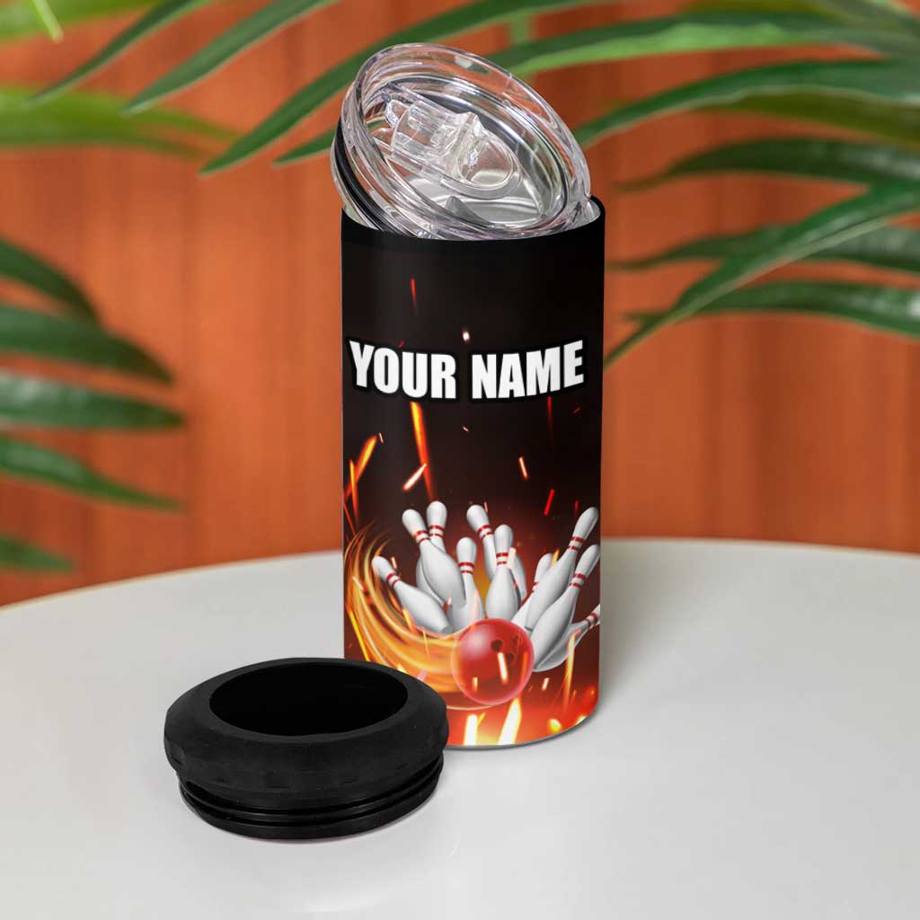 Personalized Bowling Ball and Pins 4 in 1 Can Cooler Tumbler Fiery Motion Trail and Spark Effect Design - Wonder Print Shop