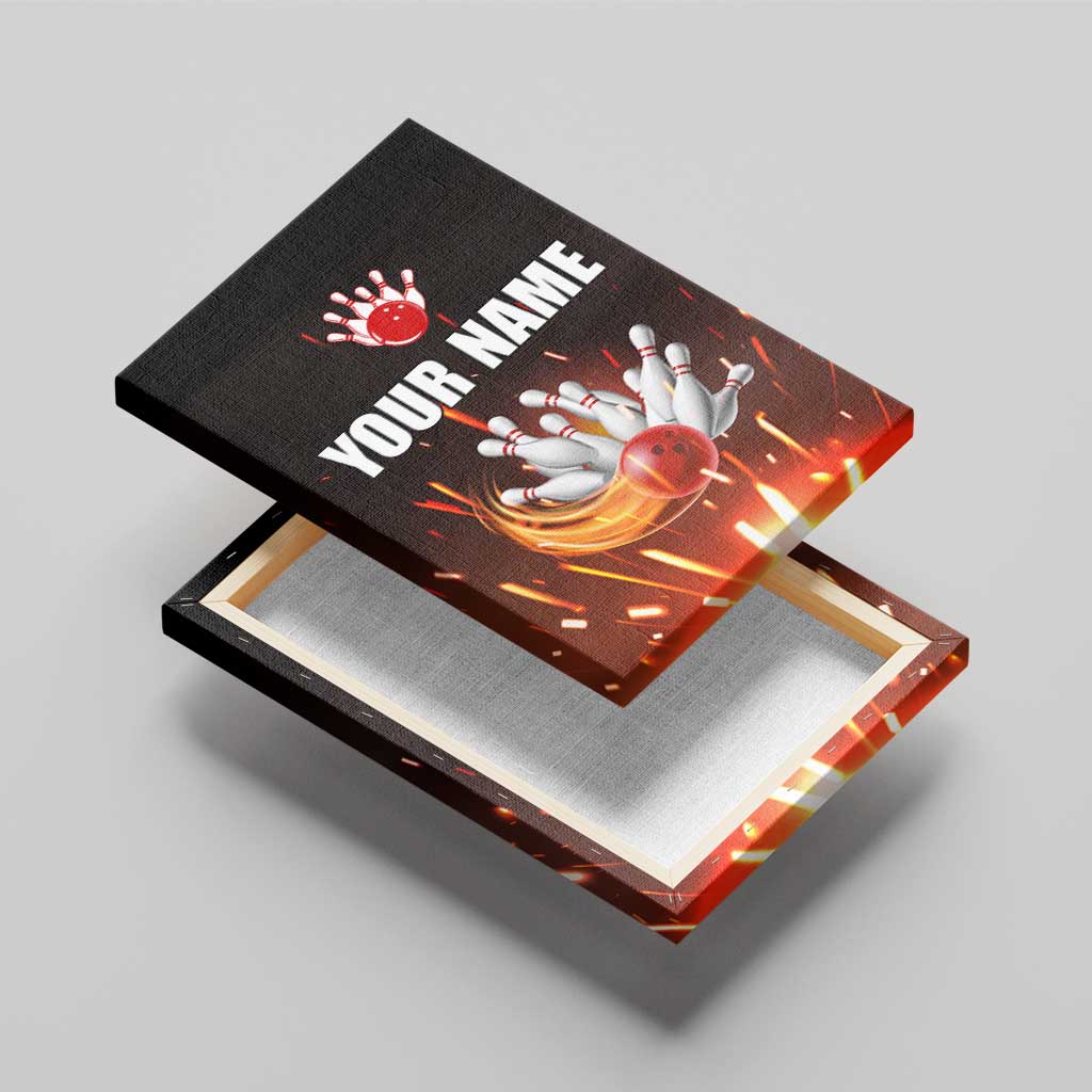 Personalized Bowling Ball and Pins Canvas Wall Art Fiery Motion Trail and Spark Effect Design - Wonder Print Shop