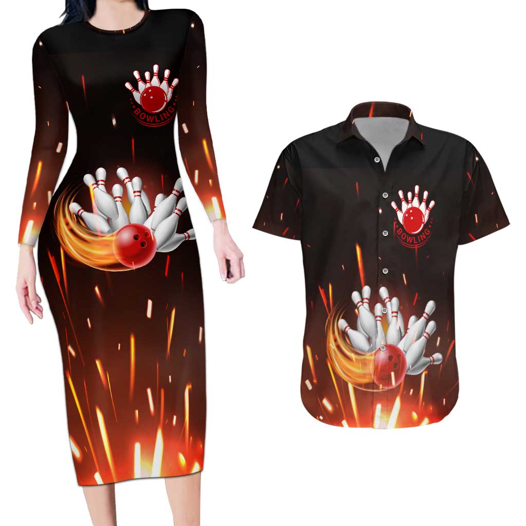 Personalized Bowling Ball and Pins Couples Matching Long Sleeve Bodycon Dress and Hawaiian Shirt Fiery Motion Trail and Spark Effect Design - Wonder Print Shop