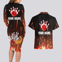 Personalized Bowling Ball and Pins Couples Matching Long Sleeve Bodycon Dress and Hawaiian Shirt Fiery Motion Trail and Spark Effect Design - Wonder Print Shop