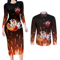 Personalized Bowling Ball and Pins Couples Matching Long Sleeve Bodycon Dress and Long Sleeve Button Shirt Fiery Motion Trail and Spark Effect Design - Wonder Print Shop