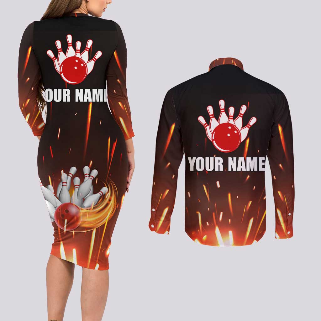 Personalized Bowling Ball and Pins Couples Matching Long Sleeve Bodycon Dress and Long Sleeve Button Shirt Fiery Motion Trail and Spark Effect Design - Wonder Print Shop