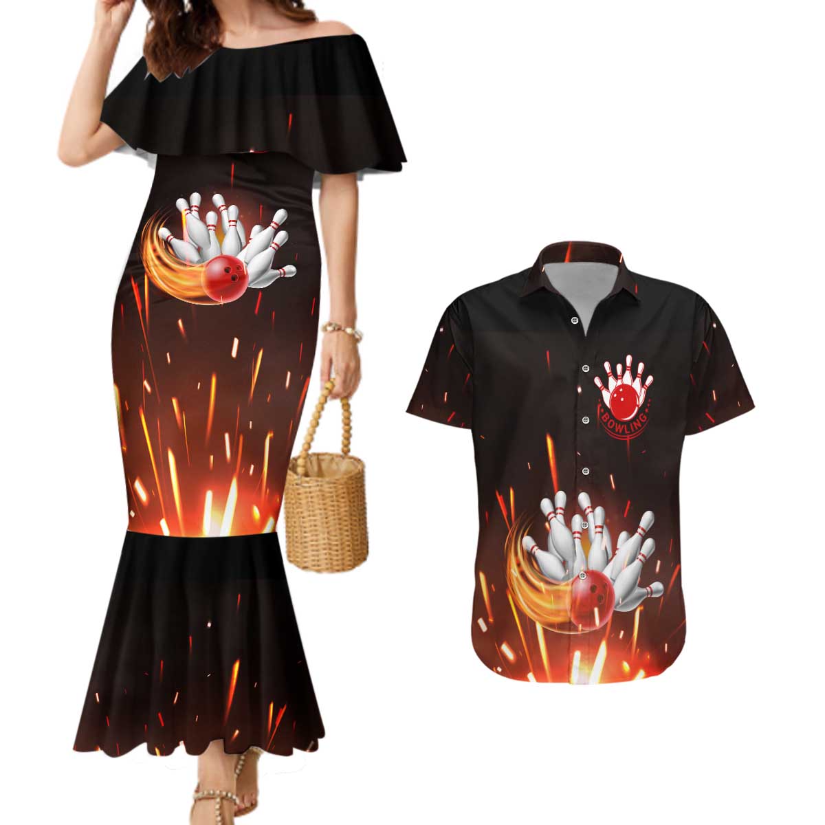 Personalized Bowling Ball and Pins Couples Matching Mermaid Dress and Hawaiian Shirt Fiery Motion Trail and Spark Effect Design - Wonder Print Shop