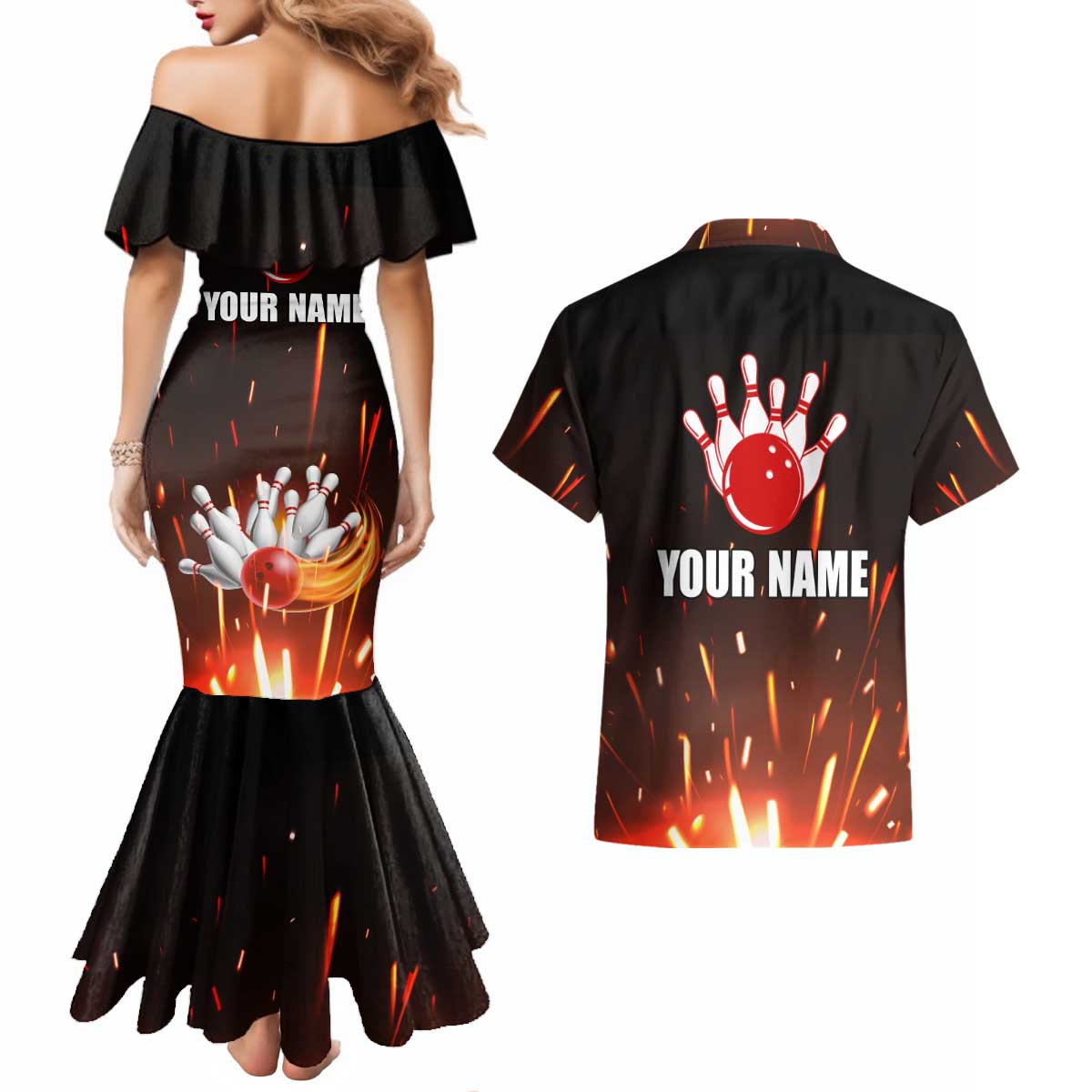 Personalized Bowling Ball and Pins Couples Matching Mermaid Dress and Hawaiian Shirt Fiery Motion Trail and Spark Effect Design - Wonder Print Shop