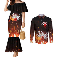Personalized Bowling Ball and Pins Couples Matching Mermaid Dress and Long Sleeve Button Shirt Fiery Motion Trail and Spark Effect Design - Wonder Print Shop