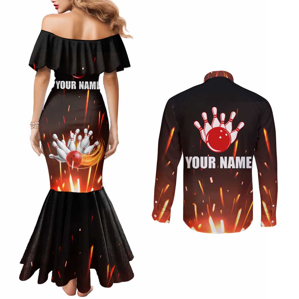 Personalized Bowling Ball and Pins Couples Matching Mermaid Dress and Long Sleeve Button Shirt Fiery Motion Trail and Spark Effect Design - Wonder Print Shop