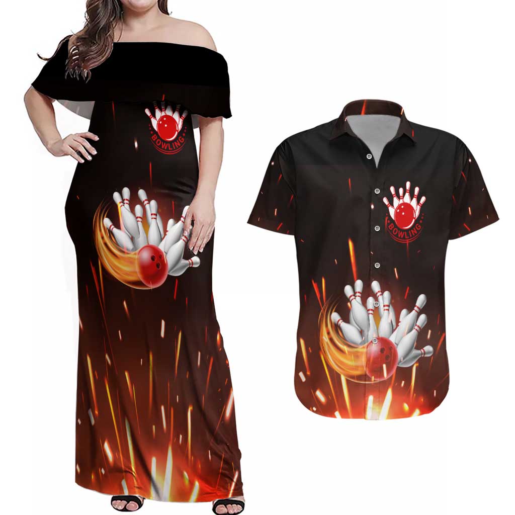Personalized Bowling Ball and Pins Couples Matching Off Shoulder Maxi Dress and Hawaiian Shirt Fiery Motion Trail and Spark Effect Design - Wonder Print Shop