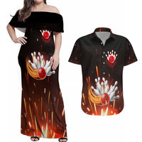 Personalized Bowling Ball and Pins Couples Matching Off Shoulder Maxi Dress and Hawaiian Shirt Fiery Motion Trail and Spark Effect Design - Wonder Print Shop