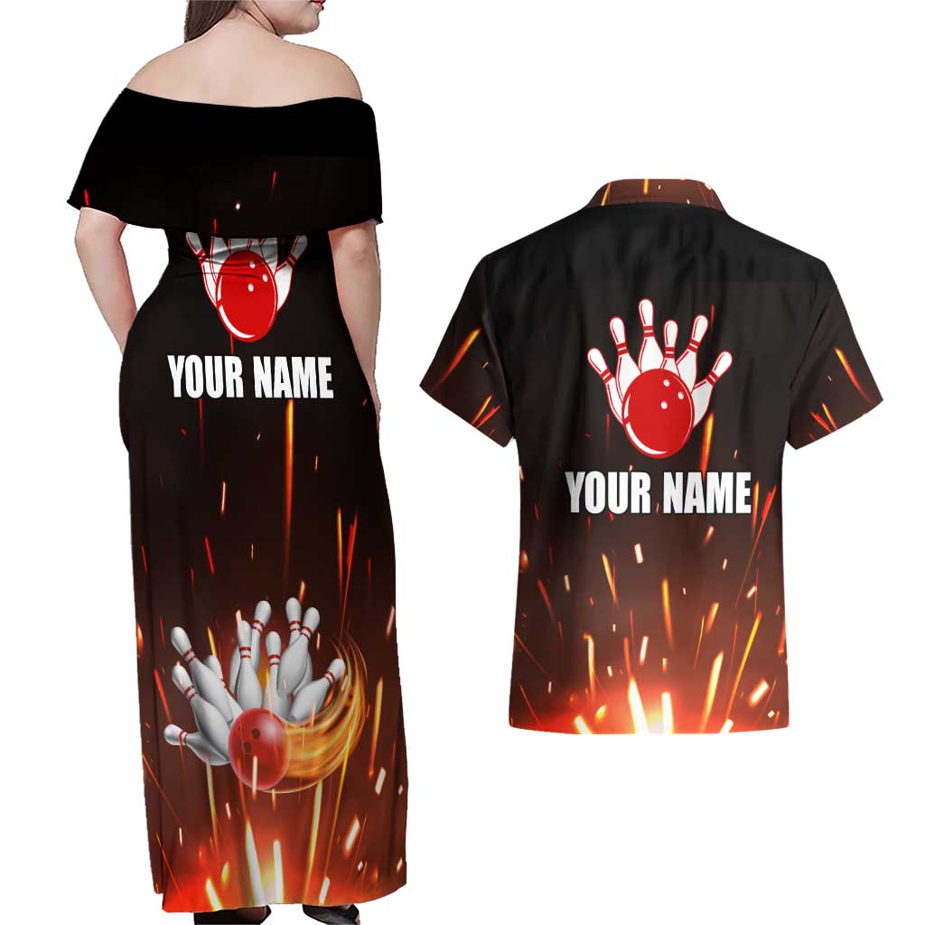 Personalized Bowling Ball and Pins Couples Matching Off Shoulder Maxi Dress and Hawaiian Shirt Fiery Motion Trail and Spark Effect Design - Wonder Print Shop