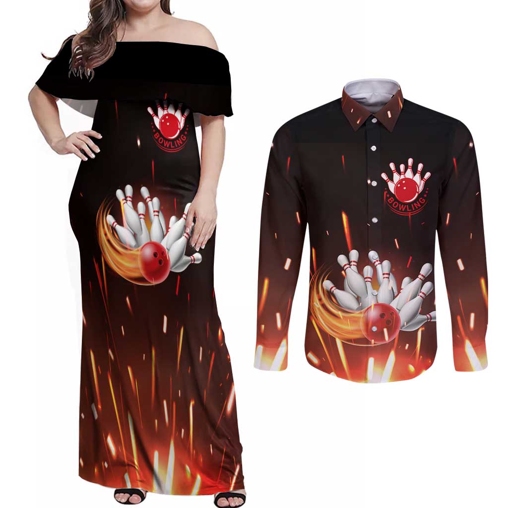 Personalized Bowling Ball and Pins Couples Matching Off Shoulder Maxi Dress and Long Sleeve Button Shirt Fiery Motion Trail and Spark Effect Design - Wonder Print Shop