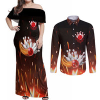 Personalized Bowling Ball and Pins Couples Matching Off Shoulder Maxi Dress and Long Sleeve Button Shirt Fiery Motion Trail and Spark Effect Design - Wonder Print Shop