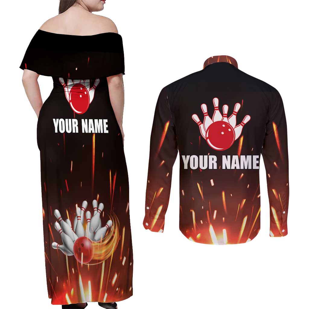 Personalized Bowling Ball and Pins Couples Matching Off Shoulder Maxi Dress and Long Sleeve Button Shirt Fiery Motion Trail and Spark Effect Design - Wonder Print Shop