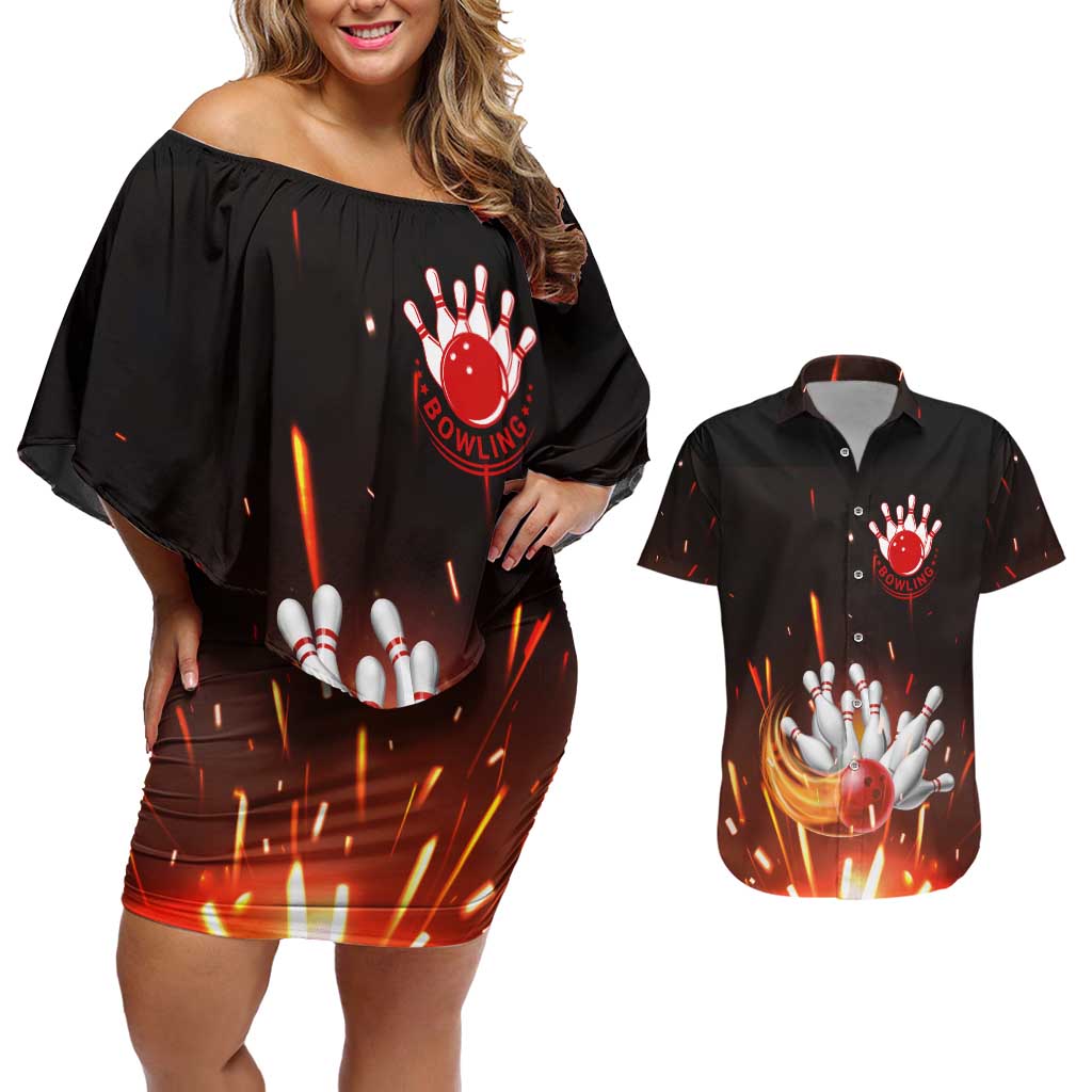 Personalized Bowling Ball and Pins Couples Matching Off Shoulder Short Dress and Hawaiian Shirt Fiery Motion Trail and Spark Effect Design - Wonder Print Shop