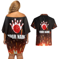 Personalized Bowling Ball and Pins Couples Matching Off Shoulder Short Dress and Hawaiian Shirt Fiery Motion Trail and Spark Effect Design - Wonder Print Shop