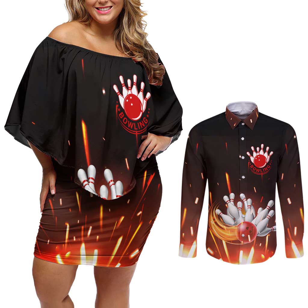Personalized Bowling Ball and Pins Couples Matching Off Shoulder Short Dress and Long Sleeve Button Shirt Fiery Motion Trail and Spark Effect Design - Wonder Print Shop