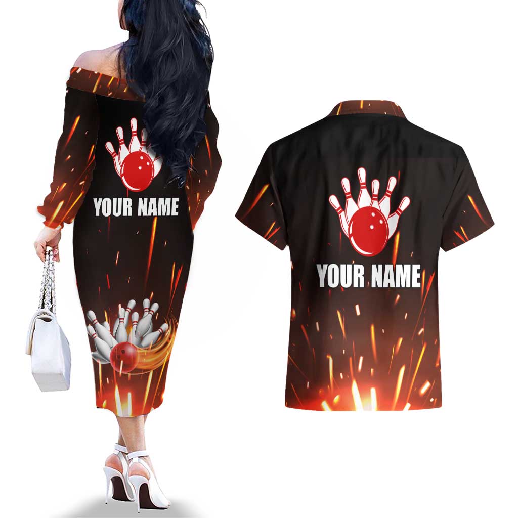 Personalized Bowling Ball and Pins Couples Matching Off The Shoulder Long Sleeve Dress and Hawaiian Shirt Fiery Motion Trail and Spark Effect Design - Wonder Print Shop