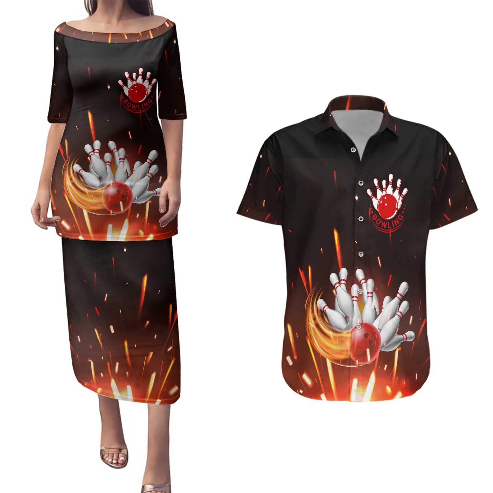 Personalized Bowling Ball and Pins Couples Matching Puletasi and Hawaiian Shirt Fiery Motion Trail and Spark Effect Design - Wonder Print Shop