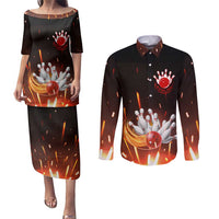 Personalized Bowling Ball and Pins Couples Matching Puletasi and Long Sleeve Button Shirt Fiery Motion Trail and Spark Effect Design - Wonder Print Shop