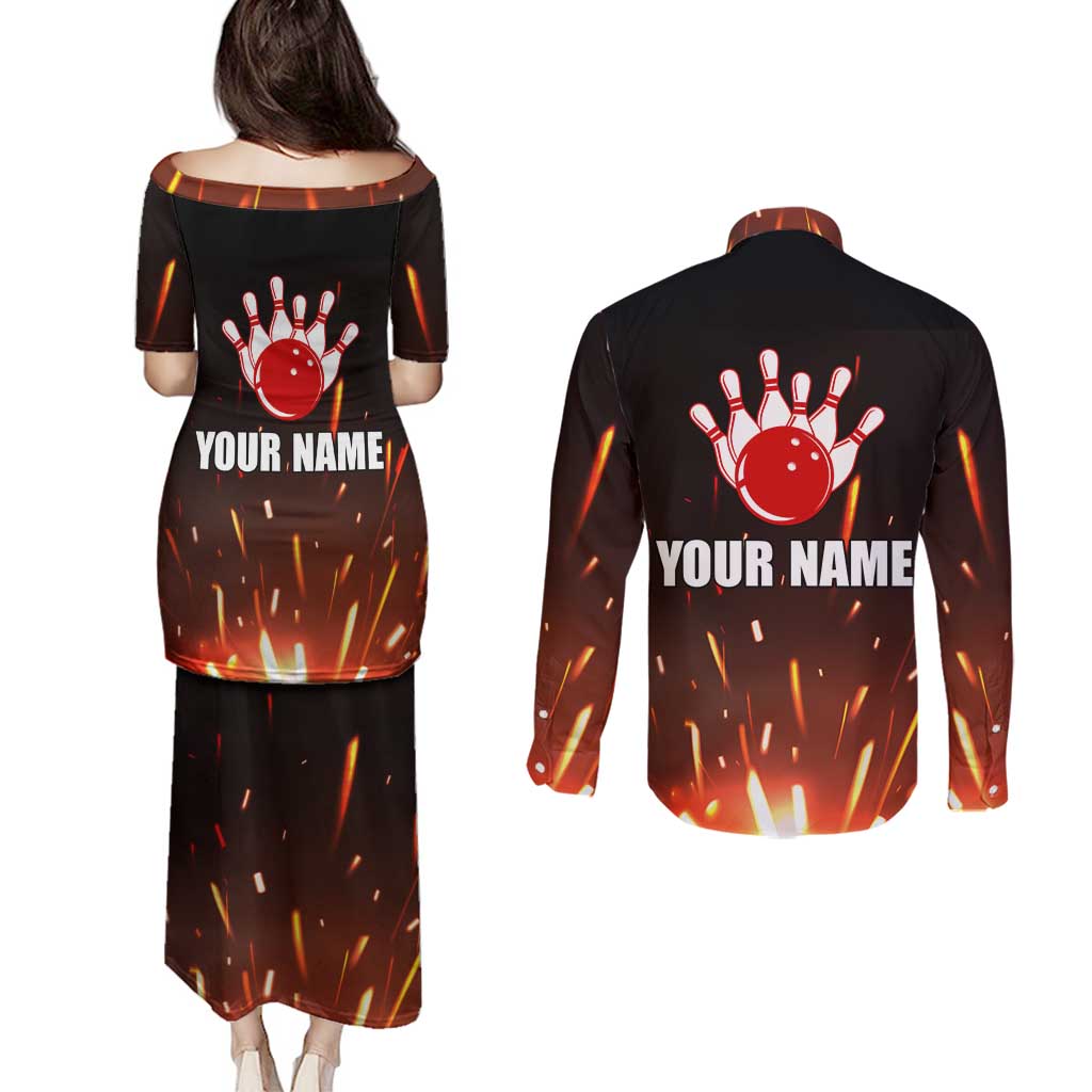 Personalized Bowling Ball and Pins Couples Matching Puletasi and Long Sleeve Button Shirt Fiery Motion Trail and Spark Effect Design - Wonder Print Shop
