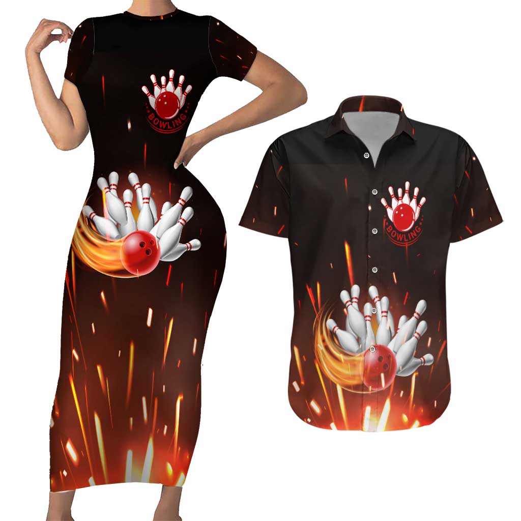 Personalized Bowling Ball and Pins Couples Matching Short Sleeve Bodycon Dress and Hawaiian Shirt Fiery Motion Trail and Spark Effect Design - Wonder Print Shop