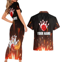 Personalized Bowling Ball and Pins Couples Matching Short Sleeve Bodycon Dress and Hawaiian Shirt Fiery Motion Trail and Spark Effect Design - Wonder Print Shop