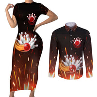 Personalized Bowling Ball and Pins Couples Matching Short Sleeve Bodycon Dress and Long Sleeve Button Shirt Fiery Motion Trail and Spark Effect Design - Wonder Print Shop