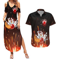 Personalized Bowling Ball and Pins Couples Matching Summer Maxi Dress and Hawaiian Shirt Fiery Motion Trail and Spark Effect Design - Wonder Print Shop