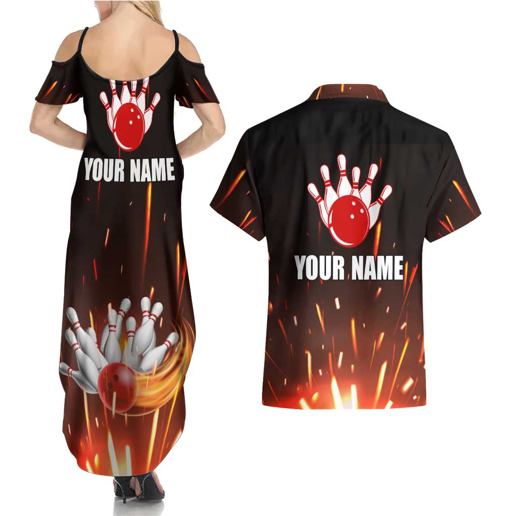 Personalized Bowling Ball and Pins Couples Matching Summer Maxi Dress and Hawaiian Shirt Fiery Motion Trail and Spark Effect Design - Wonder Print Shop
