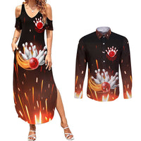 Personalized Bowling Ball and Pins Couples Matching Summer Maxi Dress and Long Sleeve Button Shirt Fiery Motion Trail and Spark Effect Design - Wonder Print Shop