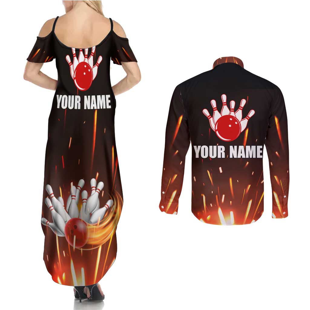 Personalized Bowling Ball and Pins Couples Matching Summer Maxi Dress and Long Sleeve Button Shirt Fiery Motion Trail and Spark Effect Design - Wonder Print Shop